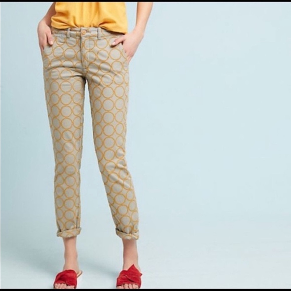 Chino by Anthropologie Relaxed Rolled Khaki Embroidered Pants